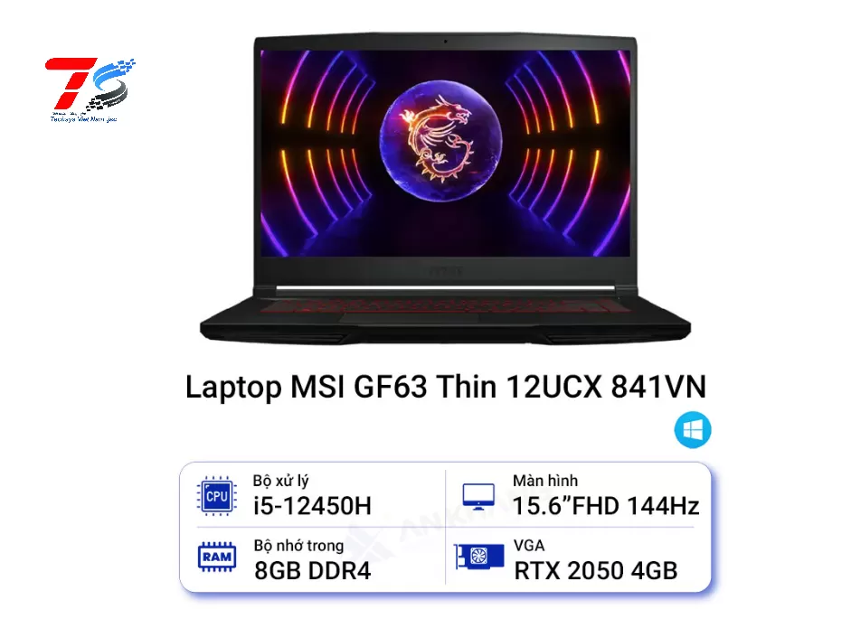 Laptop MSI Thin GF63 12UCX-841VN (Core i5-12450H | 8GB | 512GB | RTX 2050 Max Q | 15.6 inch FHD 144Hz | W11H | Đen)